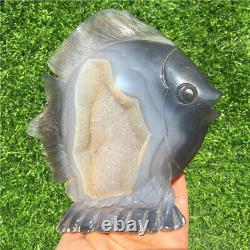 1.29LB Natural agate geode Fish Carved Quartz crystal healing +stand ET379-CIA