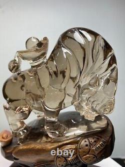 2.15LB Top Natural smoky quartz hand carved quartz crystal cattle healing+stand