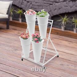 2 Layers Metal Flower Display Stand with 4 Buckets Moving Florist Bouquet Shelf