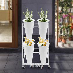 2 Layers Metal Flower Display Stand with 4 Buckets Moving Florist Bouquet Shelf