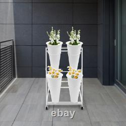 2 Layers Metal Flower Display Stand with 4 Buckets Moving Florist Bouquet Shelf