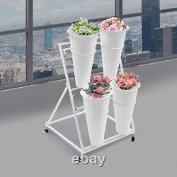 2 Layers Metal Flower Display Stand with 4 Buckets Moving Florist Bouquet Shelf