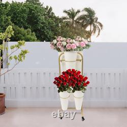 2 Layers Metal Flower Display Stand with 6 Buckets Moving Florist Bouquet Shelf