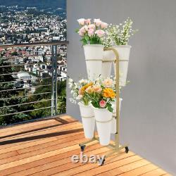 2 Layers Metal Flower Display Stand with 6 Buckets Moving Florist Bouquet Shelf