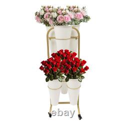 2 Layers Metal Flower Display Stand with 6 Buckets Moving Florist Bouquet Shelf