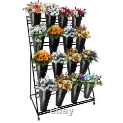 4 Tier Flower Display Stand, 16Pcs Buckets Metal Plant Stand with Wheels, Black