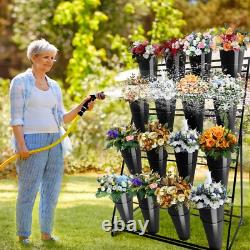 4 Tier Flower Display Stand, 16Pcs Buckets Metal Plant Stand with Wheels, Black