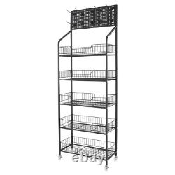 5 Tier Retail Display Rack Iron Snack Shelves Snack Rack Stand with Hooks & Wheels