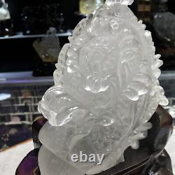 6.09LB Natural White Quartz Hand Carved Crystal Cabbage Reiki Healing+Stand. YL05