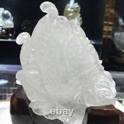 6.09LB Natural White Quartz Hand Carved Crystal Cabbage Reiki Healing+Stand. YL05