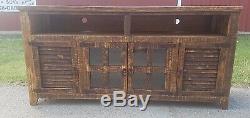 72 inch Rustic Rough Cut TV Stand 4 Doors Western Solid Wood Free Shipping