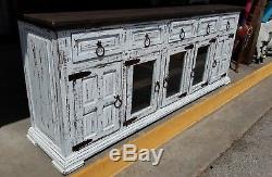 80 in White Distress Finish Rustic Tv Stand High Solid Wood Free Shipping