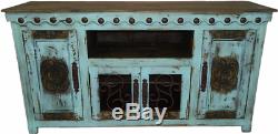 80 inch Turquoise Finish Rustic Tv Stand 36 Inch High Solid Wood Free Shipping