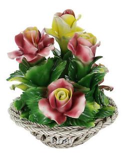 Authentic Capodimonte Pink and Yellow Floral Arrangement in Woven Basket