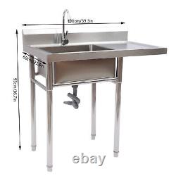 Commercial Utility & Prep Sink Stainless Steel w Basins Backsplash + Drainboard