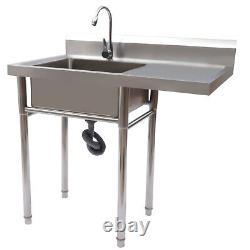 Commercial Utility & Prep Sink Stainless Steel w Basins Backsplash + Drainboard