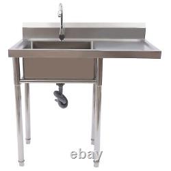 Commercial Utility & Prep Sink Stainless Steel w Basins Backsplash + Drainboard