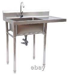 Commercial Utility & Prep Sink Stainless Steel w Basins Backsplash + Drainboard