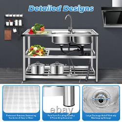 Free Standing Stainless-Steel Double Bowl Commercial Restaurant Kitchen Sink Set