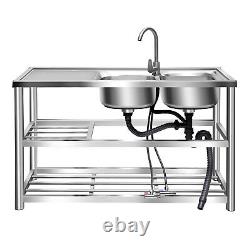 Free Standing Stainless-Steel Double Bowl Kitchen Utility Sink Set with Prep Table