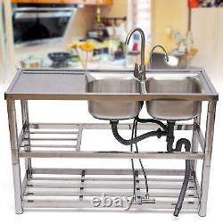 Free Standing Stainless-Steel Double Bowl Kitchen Utility Sink Set with Prep Table