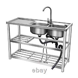 Free-standing commercial Sink 2-layer Storage Rack Stainless Steel Sink Silver