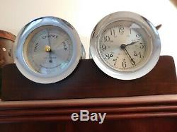 New Old Stock Seth Thomas Chrome Ship's Bell Clock, Barometer and Mahogany Stand
