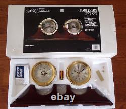 New in box! Seth Thomas Charleston brass ship clock, barometer, mahogany stand