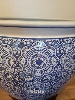 Oriental Chinoiserie 20 Blue White Fish Bowl Planter Rosewood Stand Free ship