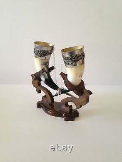Real Viking Drinking Horn Mug With Wooden Stand For Wedding Gift Fast Shipping