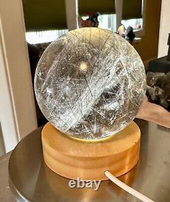 Smokey quartz crystal sphere with tourmaline- light stand included- free ship