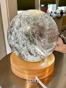 Smokey quartz crystal sphere with tourmaline- light stand included- free ship