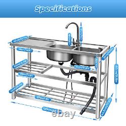 Stainless-Steel Double Bowl Commercial Restaurant Kitchen Sink Set Free Standing