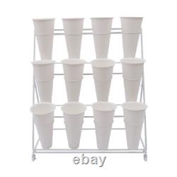 White Flower Display Stand + 12PCS Buckets 3-Layer Metal Plant Stand With Wheels