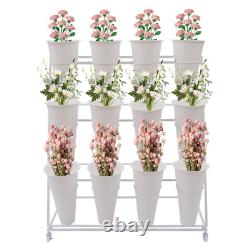 White Flower Display Stand + 12PCS Buckets 3-Layer Metal Plant Stand With Wheels
