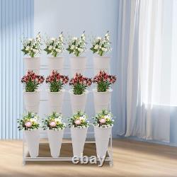 White Flower Display Stand + 12PCS Buckets 3-Layer Metal Plant Stand With Wheels