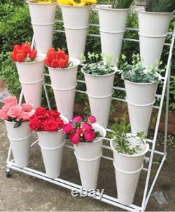 White Flower Display Stand + 12PCS Buckets 3-Layer Metal Plant Stand with Wheels