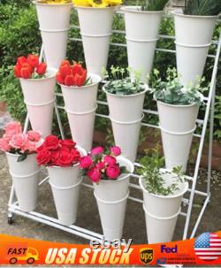 White Flower Display Stand + 12PCS Buckets 3-Layer Metal Plant Stand with Wheels