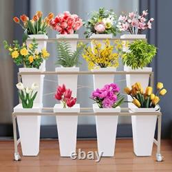 White Flower Display Stand + 12PCS Buckets 3-Layer Metal Plant Stand with Wheels