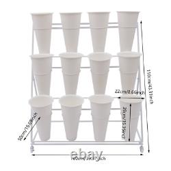 White Flower Display Stand + 12PCS Buckets 3-Layer Metal Plant Stand with Wheels