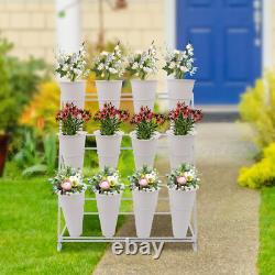 White Flower Display Stand + 12PCS Buckets 3-Layer Metal Plant Stand with Wheels